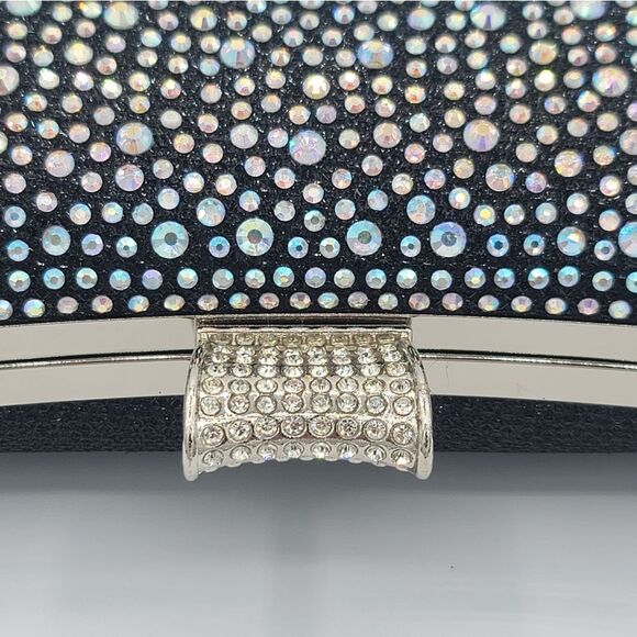 Black Clutch Bag Crystal Aurora Borealis Sparkle Silvertone Strap #551 - Picture 6 of 16